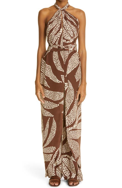 Beat of Drums Leaf Print Silk Long Halter Top