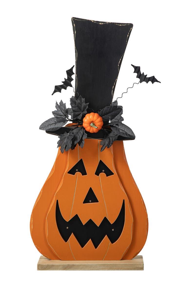 Halloween Lighted Wooden Jack-O-Lantern Porch Decor with Floral & Timer, Alternate, color, Orange
