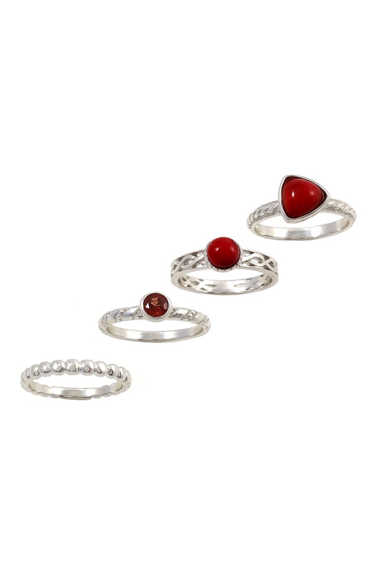 Sterling Silver Red Coral & Garnet Stackable Ring Set, Alternate, color, RED