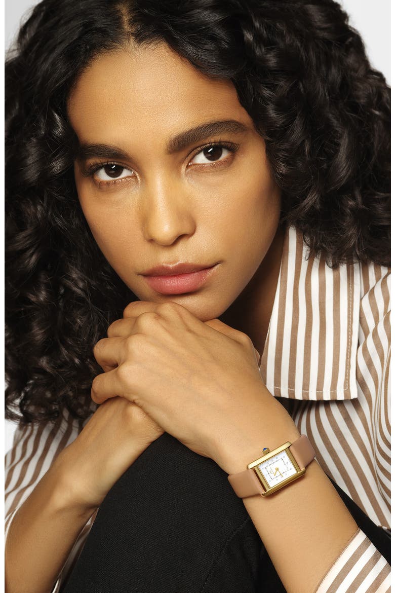 Karolina Diamond Leather Strap Watch, 21.5mm x 30mm - 0.06 ctw, Alternate, color, GOLD-COGNAC