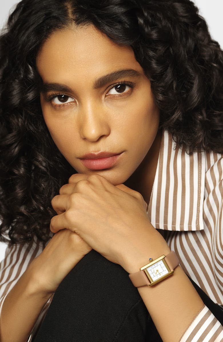 PORSAMO BLEU Karolina Diamond Leather Strap Watch, 21.5mm x 30mm - 0.06 ctw, Alternate, color, Gold-Cognac