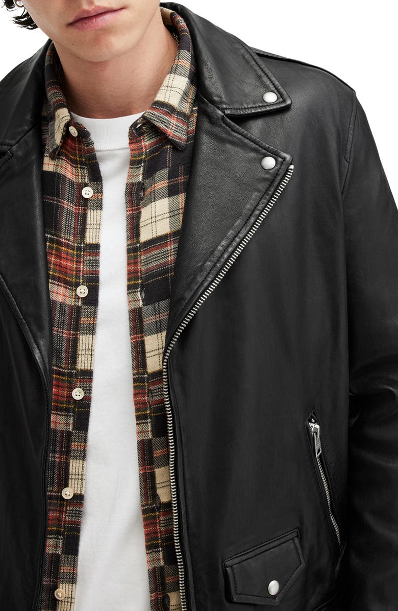 AllSaints Milo Asymmetric Zip Leather Biker Jacket, Alternate, color, Black