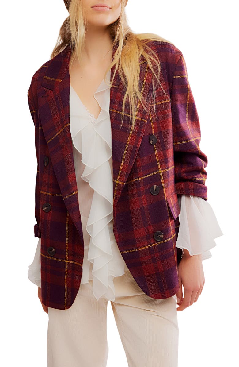 Free People Dean Double Breasted Blazer, Main, color, Plum Combo