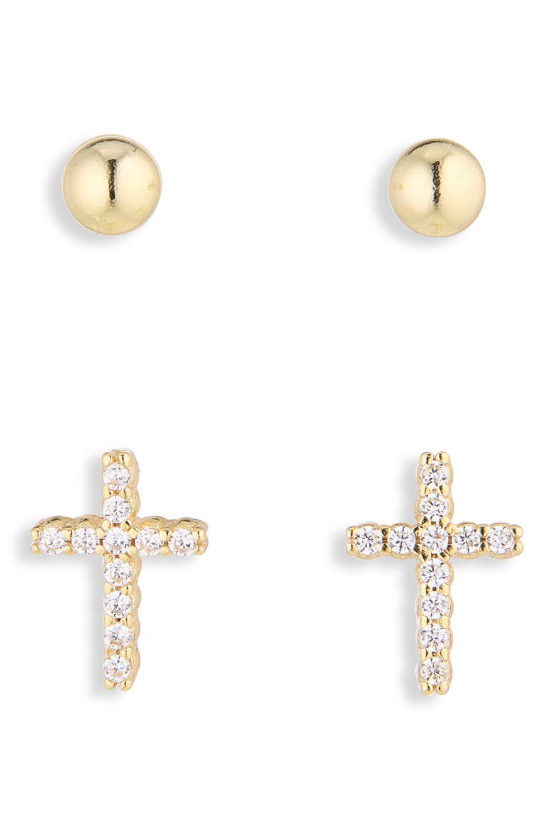 Ball & Cross Stud Earrings Set, Main, color, GOLD