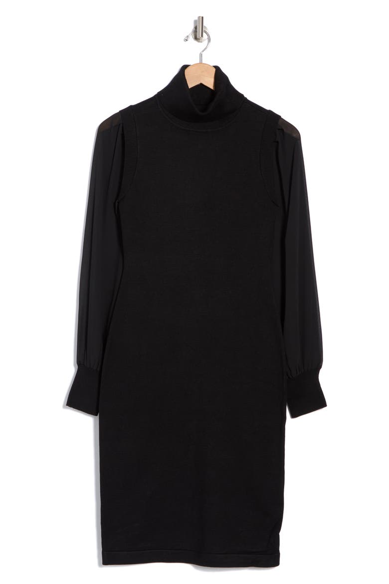 Turtleneck Chiffon Sleeve Sheath Dress, Alternate, color, BLACK