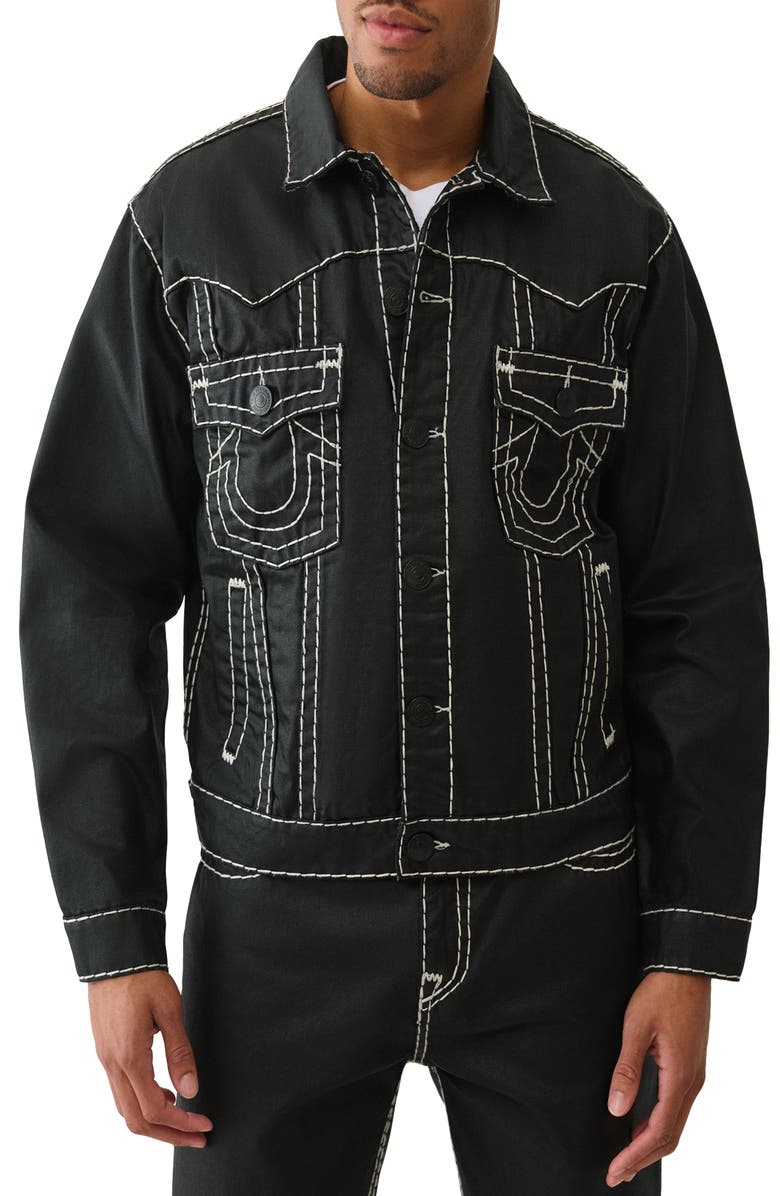 True Religion Super T Oversize Coated Denim Jacket, Main, color, Coated Black