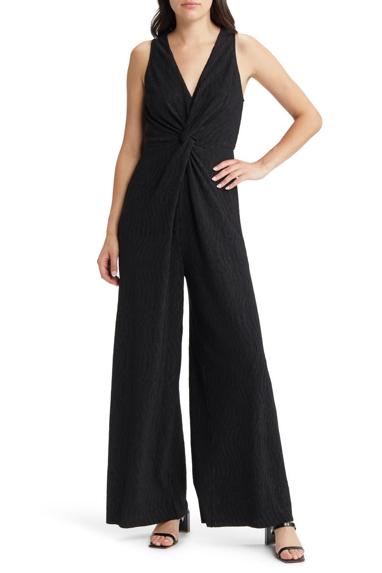 Plissé Sleeveless Wide Leg Jumpsuit, Main, color, BLACK