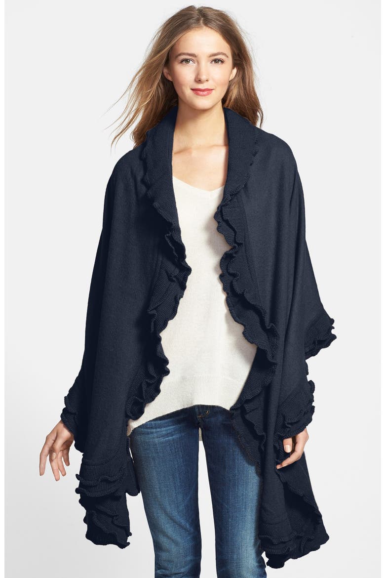Double Ruffle Wool Wrap, Main, color, NAVY