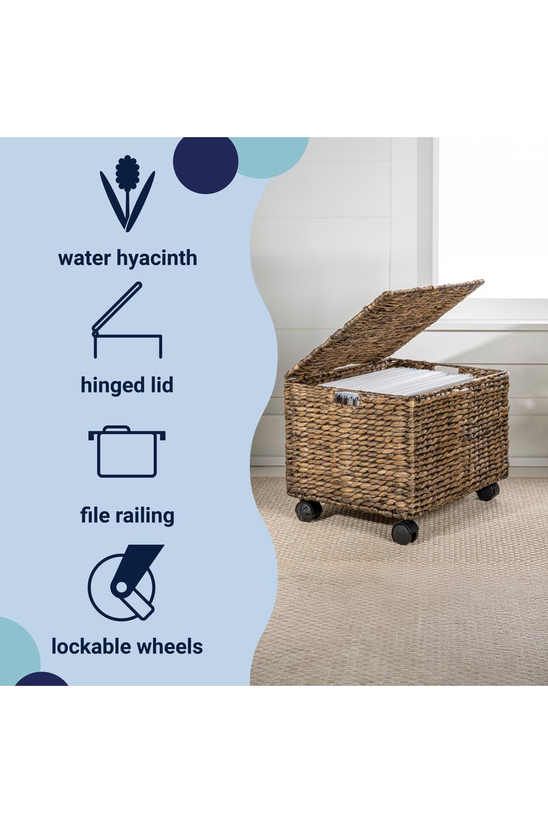 Ashton Classic Farmhouse Hand-Woven Hyacinth Rolling Filing Basket with Lid and 360 Degree Lockable Wheels, Alternate, color, Brown