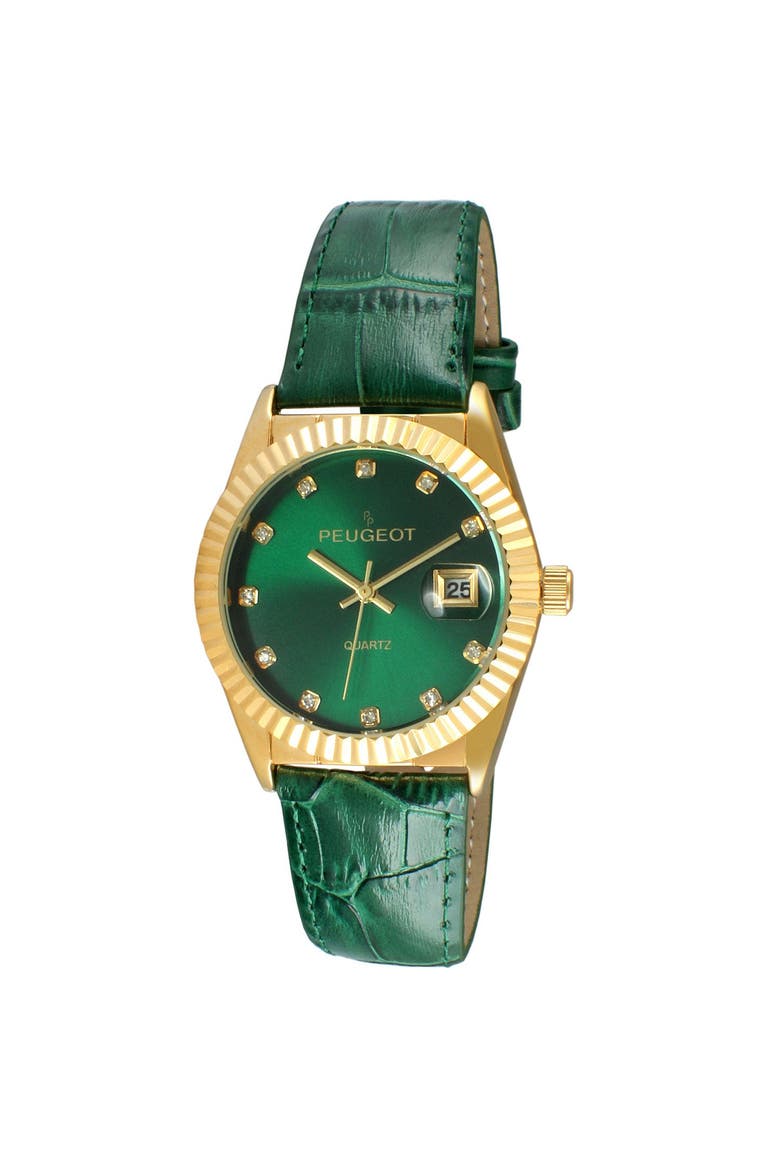 Luxury Fluted Bezel Calendar Leather Watch - 36MM, Main, color, Green