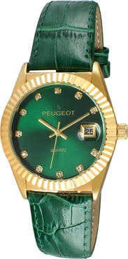 Peugeot Luxury Fluted Bezel Calendar Leather Watch - 36MM
