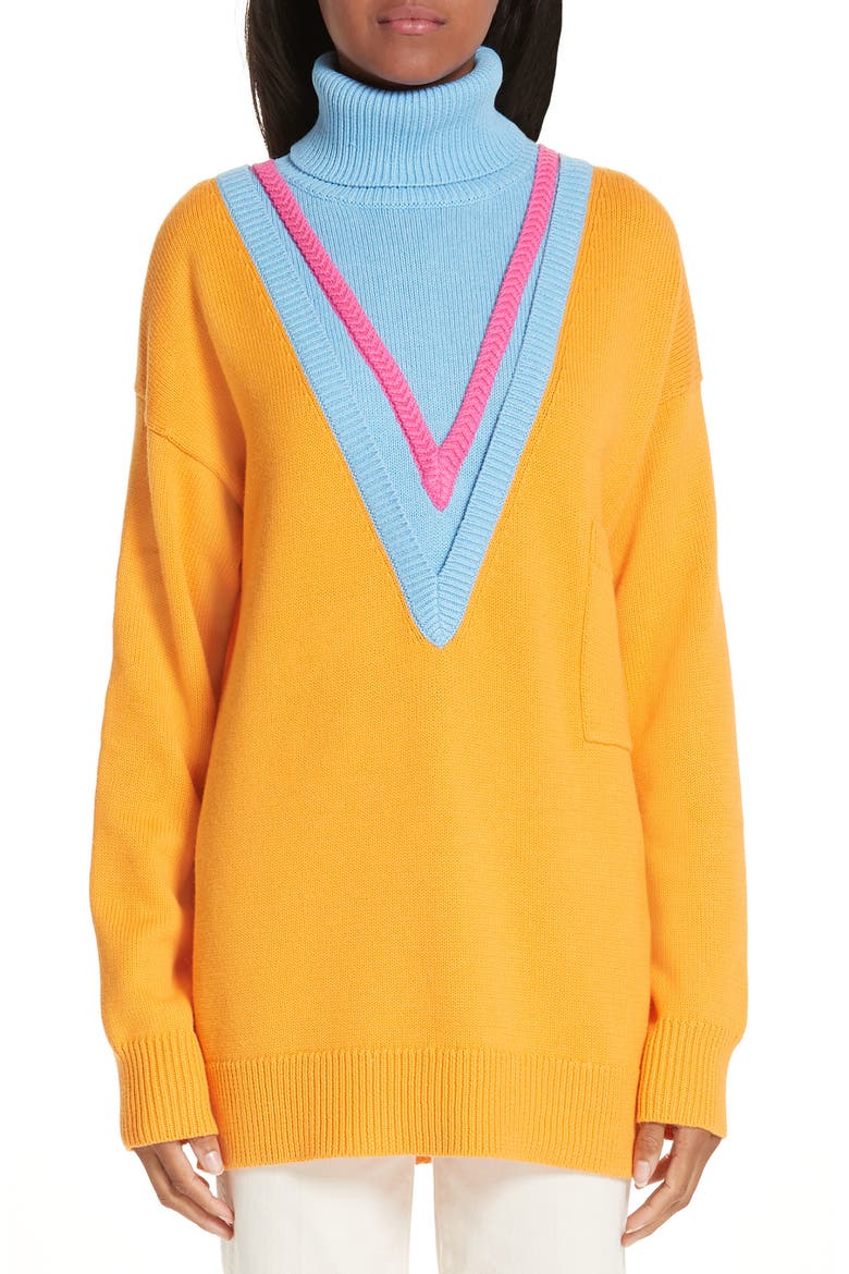 Layered Cotton & Cashmere Turtleneck Sweater, Main, color, ORANGE COMBO