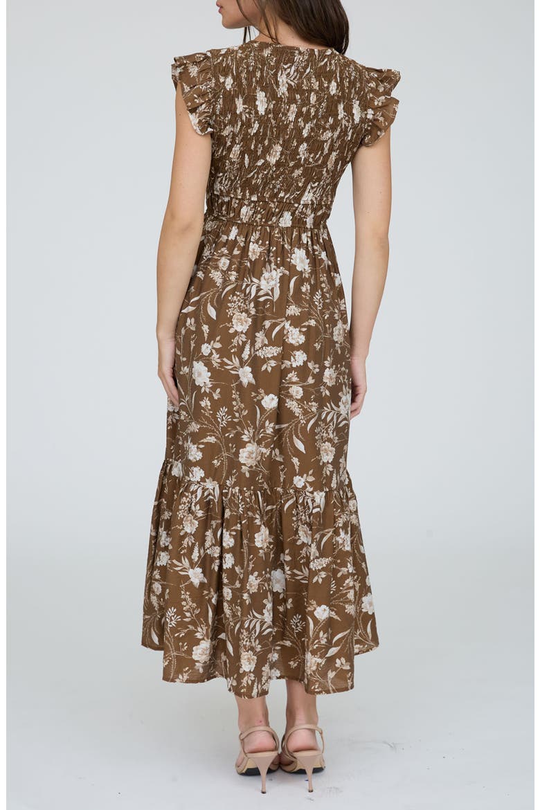 august sky women's smocked midi dress August Sky Women's Short Flounce Sleeves Floral Smocked Midi Dress, Mocha  Multi, Small : Target