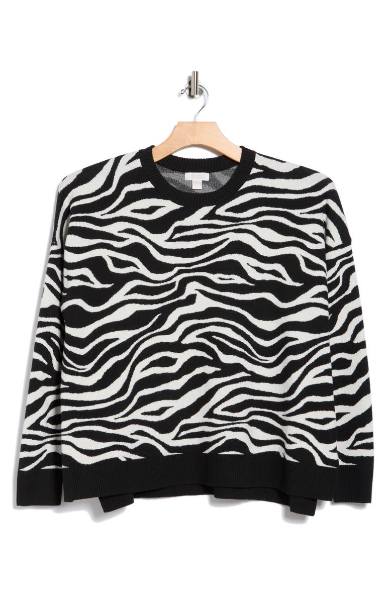 NORDSTROM RACK Crewneck Jacquard Sweater, Alternate, color, Black- Ivory Abstract Zebra