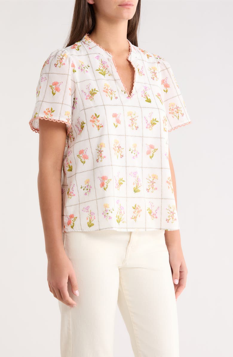 SUGARLIPS Diane Hilda Floral Split Neck Cotton Top, Alternate, color, Coral Multi