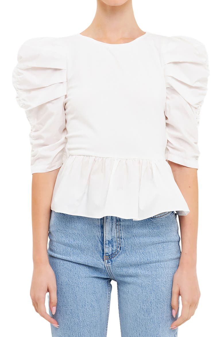 Pleated Puff Sleeve Peplum Blouse, Alternate, color, WHITE