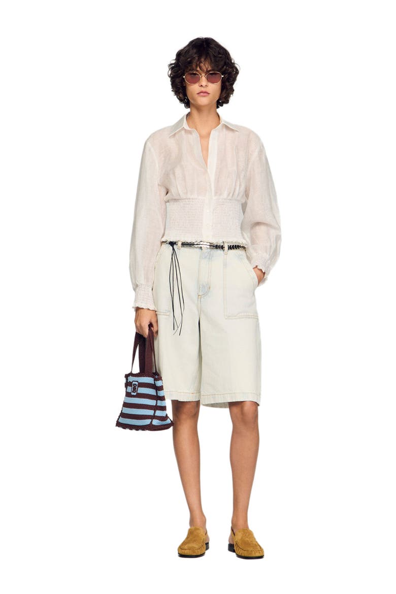 Smocked linen shirt, Alternate, color, White