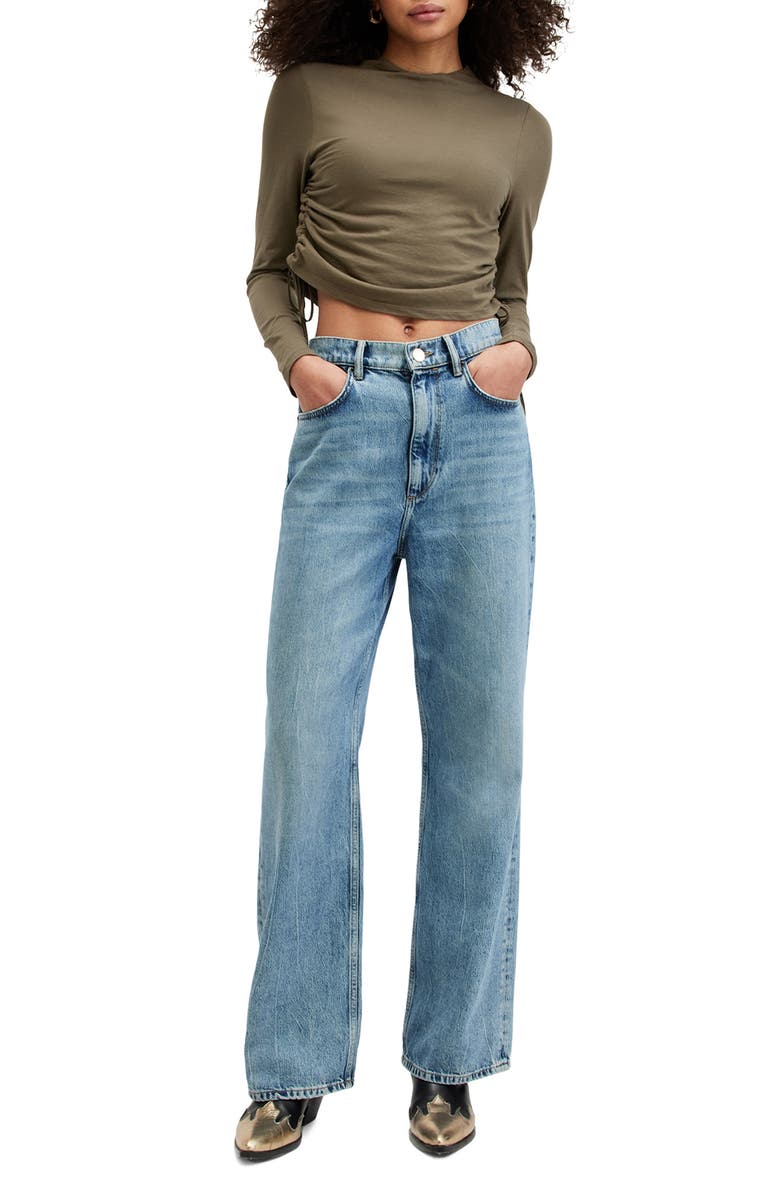 AllSaints Beta Ruched Funnel Neck Crop Top, Alternate, color, Tarmac Green