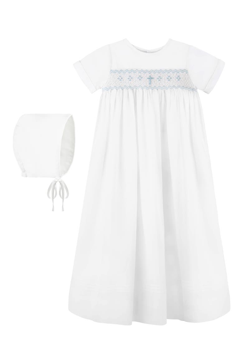 Smocked Christening Gown & Bonnet Set, Main, color, WHITE