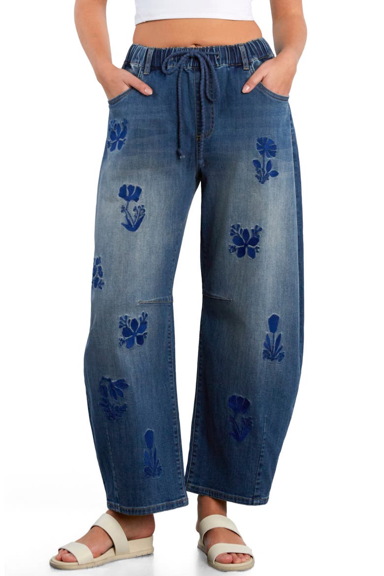 Embroidered Barrel Leg Drawstring Jeans, Main, color, ACE BLUE