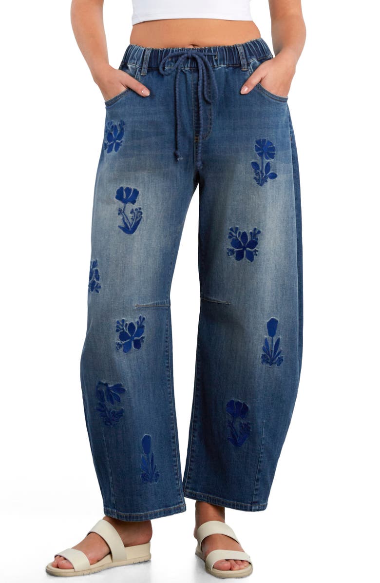 HINT OF BLU Embroidered Barrel Leg Drawstring Jeans, Main, color, Ace Blue