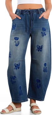 HINT OF BLU Embroidered Barrel Leg Drawstring Jeans