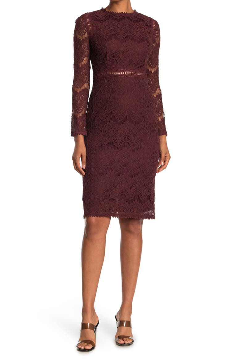 Lace Long Sleeve Midi Dress, Main, color, RAISIN