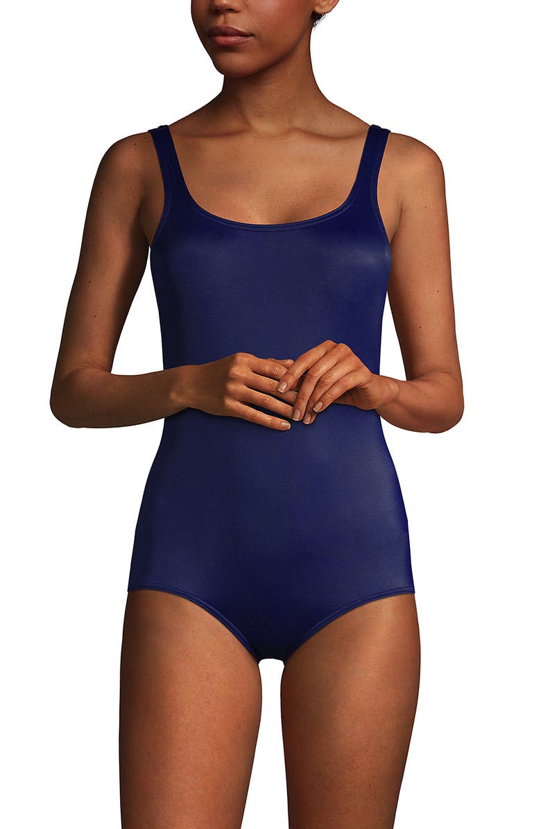 Lands' End D-Cup Chlorine Resistant Scoop Neck Soft Cup Tugless Sporty One Piece Swimsuit Print, Alternate, color, Deep Sea Navy