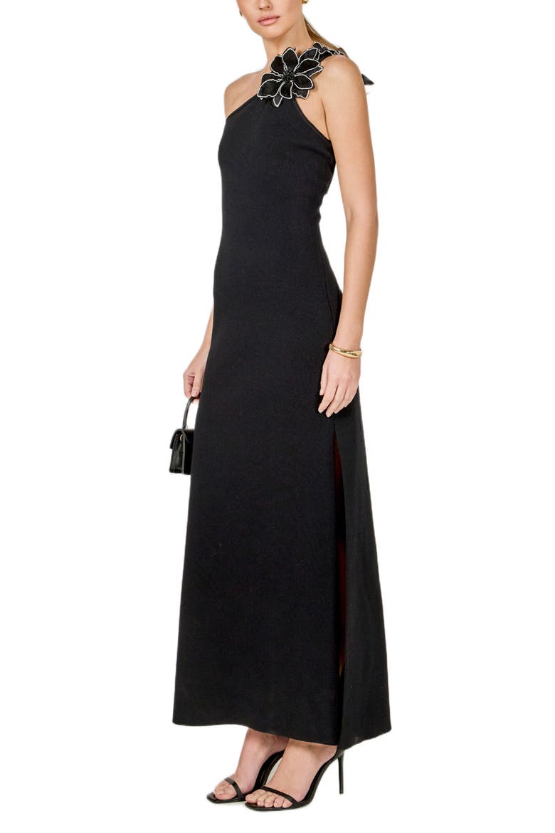 Flower One-Shoulder Knit Maxi Dress, Alternate, color, BLACK