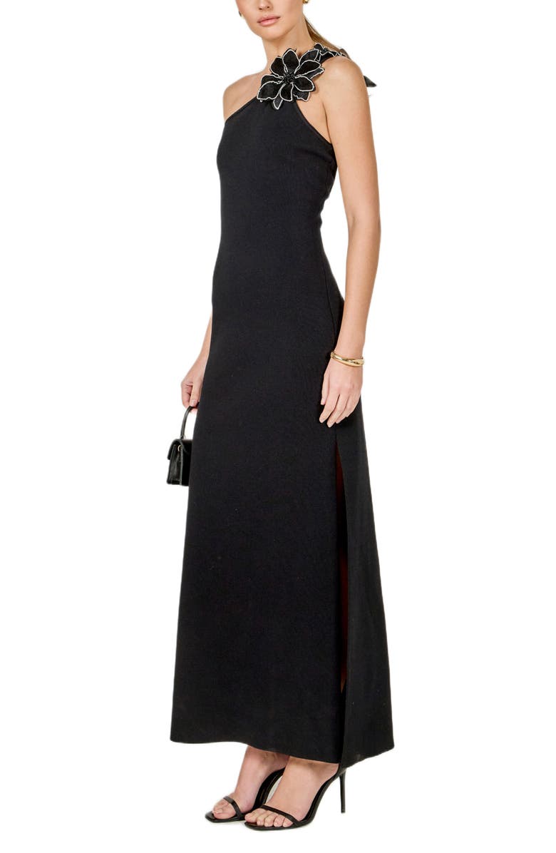Endless Rose Flower One-Shoulder Knit Maxi Dress, Alternate, color, Black
