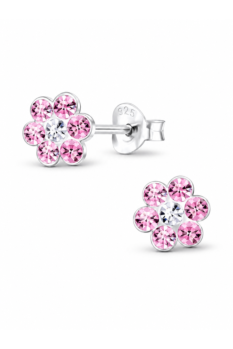 Sterling Silver Stud Earrings Crystal Pink Flower, Main, color, Metallic Silver