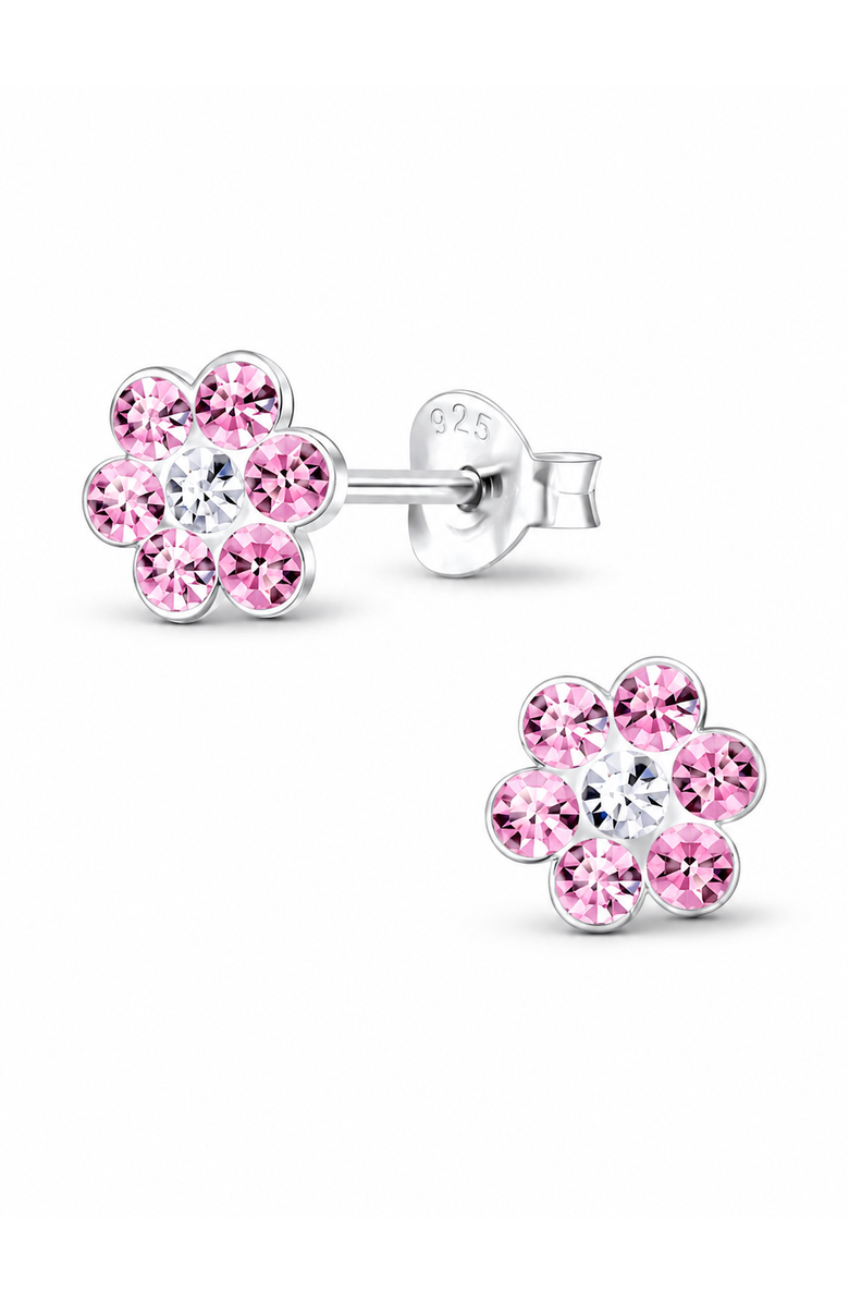 Mia Belle Girls Sterling Silver Stud Earrings Crystal Pink Flower, Main, color, Metallic Silver