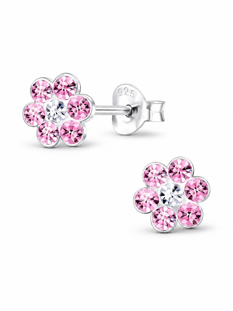Sterling Silver Stud Earrings Crystal Pink Flower (Toddler, Little Kid & Big Kid)