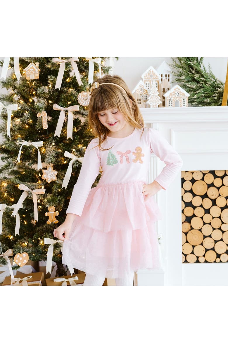 Gingerbread Embroidered Christmas Long Sleeve Tutu Dress, Alternate, color, Pink