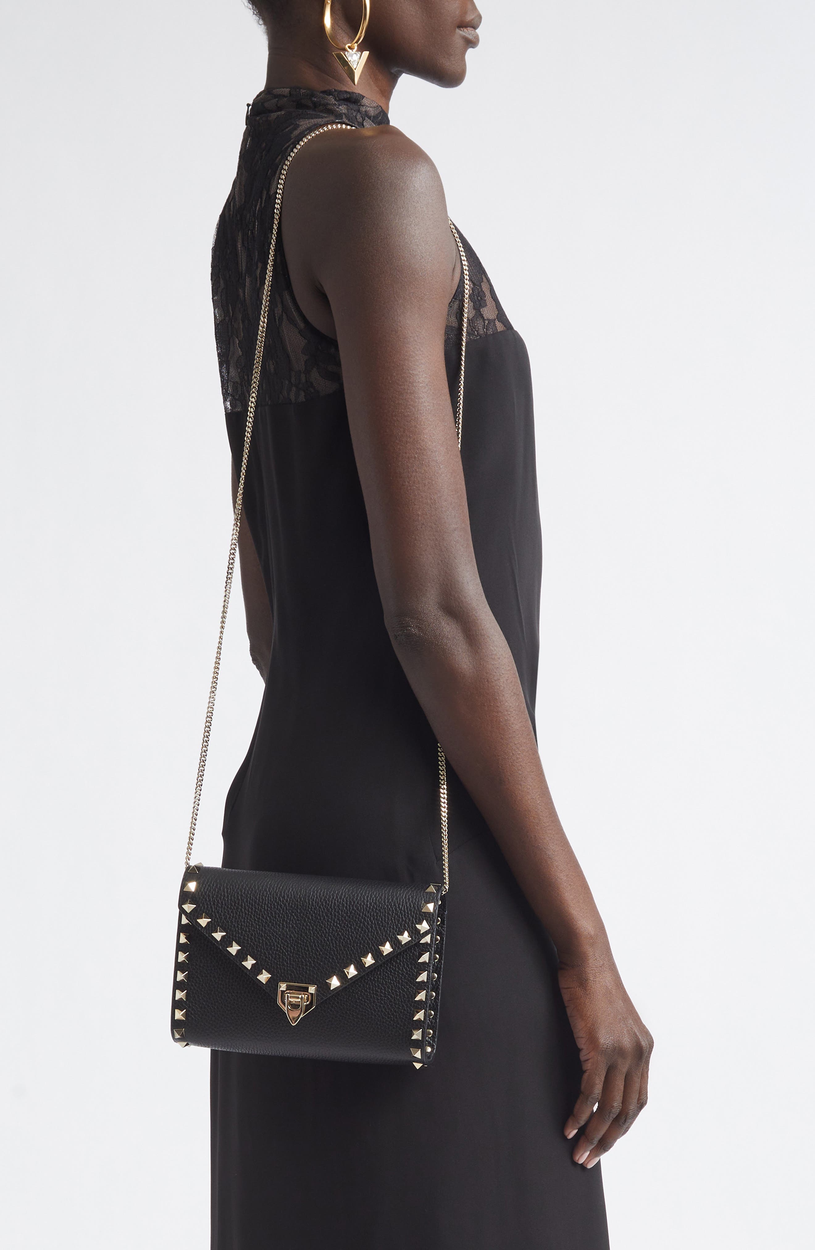 Mini Rockstud Leather Shoulder Bag, Alternate, color, BLACK