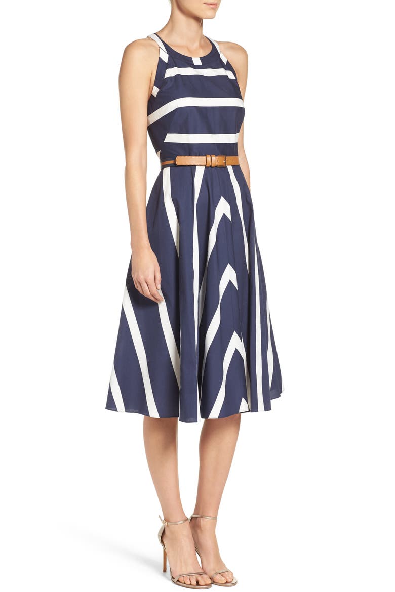 Stripe Fit & Flare Dress, Alternate, color, NAVY/ WHITE