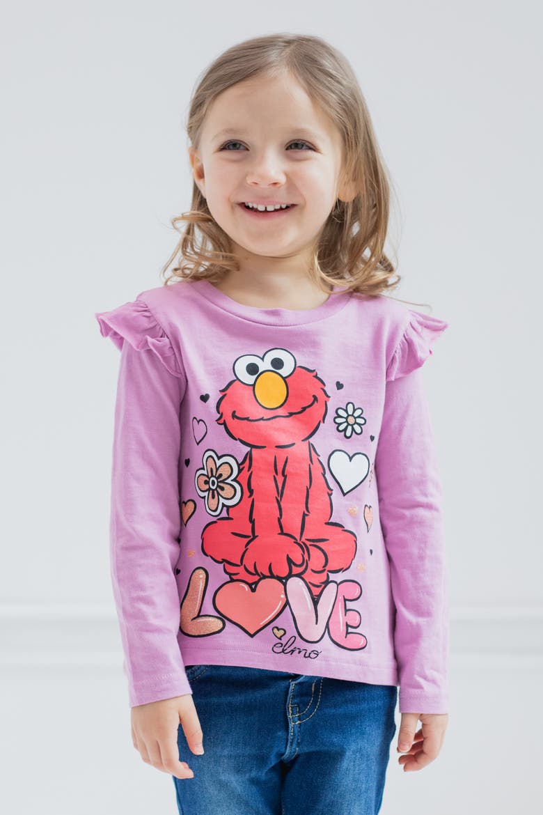 2-Pack Long Sleeve Ruffle T-Shirts, Alternate, color, Elmo Red Purple