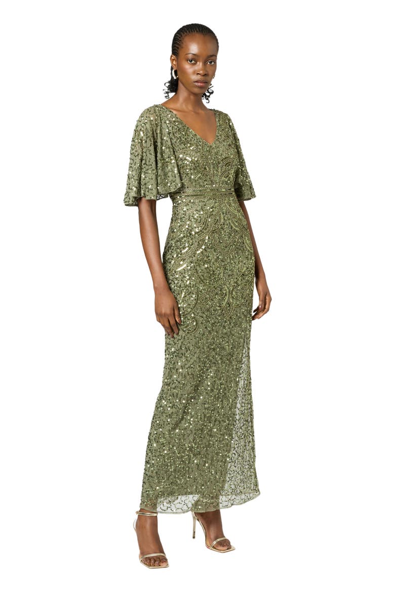 Occasion Embellished Sequin Beaded V Neck With Short Sleeves Evening Dress, Alternate, color, OLIVE