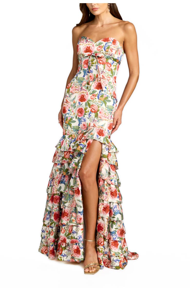 Mac Duggal Strapless Floral Charmeuse Ruffle A Line Gown, Main, color, Ivory Multi