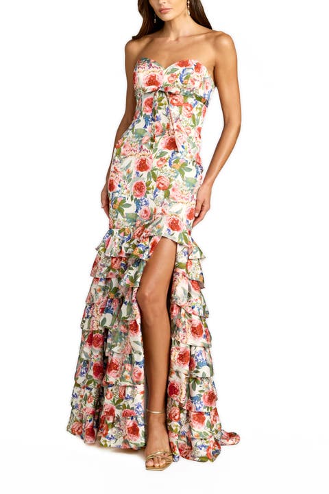 Strapless Floral Charmeuse Ruffle A Line Gown