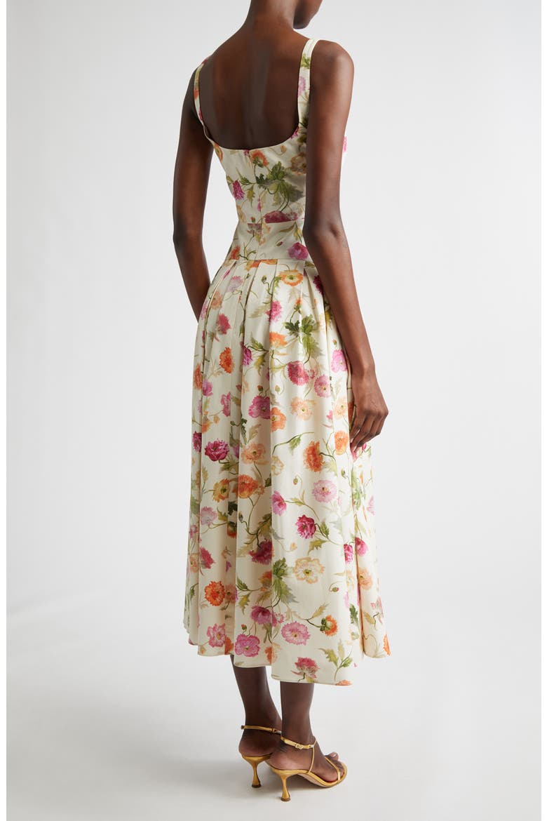 Poppy Print Pleated Drop Wait Stretch Poplin Fit & Flare Dress, Alternate, color, ALMOND MULTI