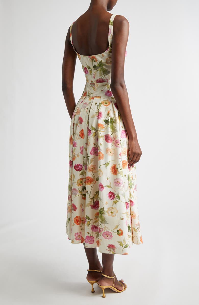 Carolina Herrera Poppy Print Pleated Drop Wait Stretch Poplin Fit & Flare Dress, Alternate, color, Almond Multi