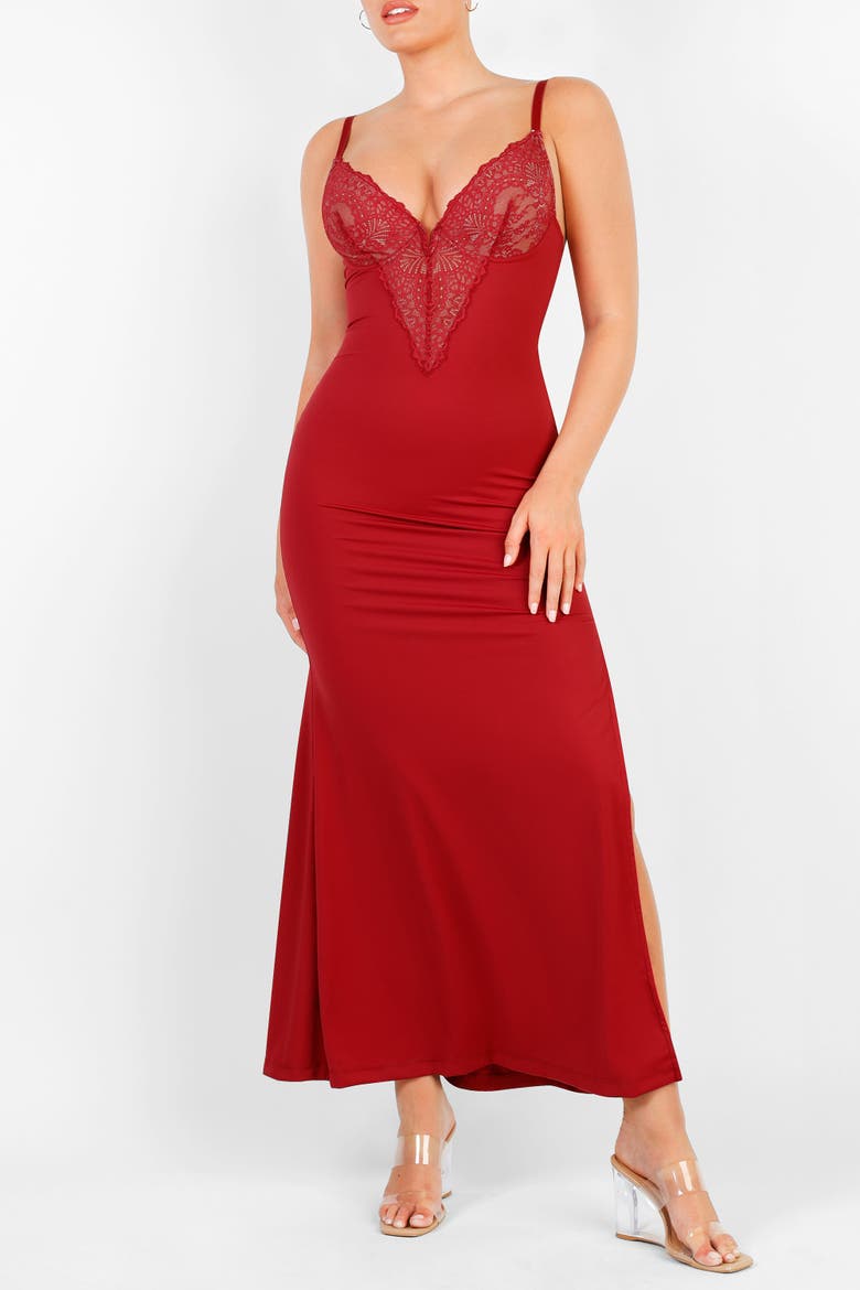 Shapewear Lace V Neck Side Slit Slimming Maxi Slip Dress, Alternate, color, Brick