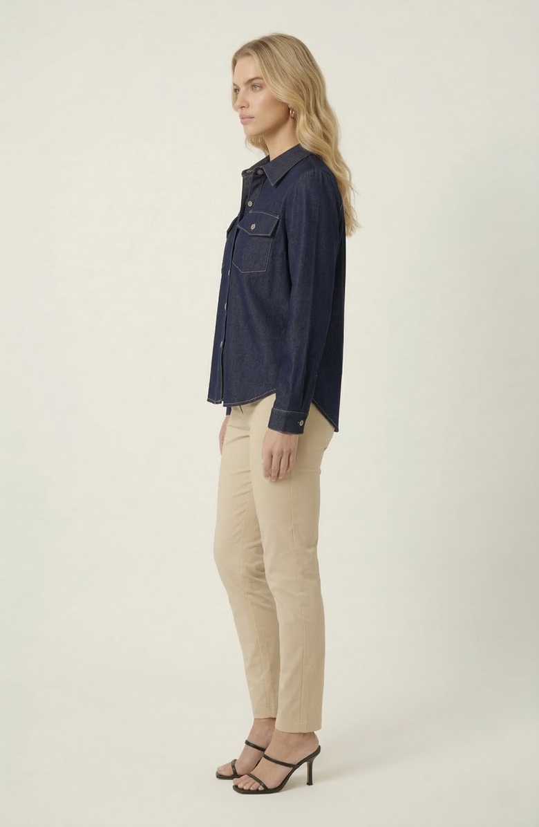 Modenaire Denim Button Up Shirt, Alternate, color, Dark Blue