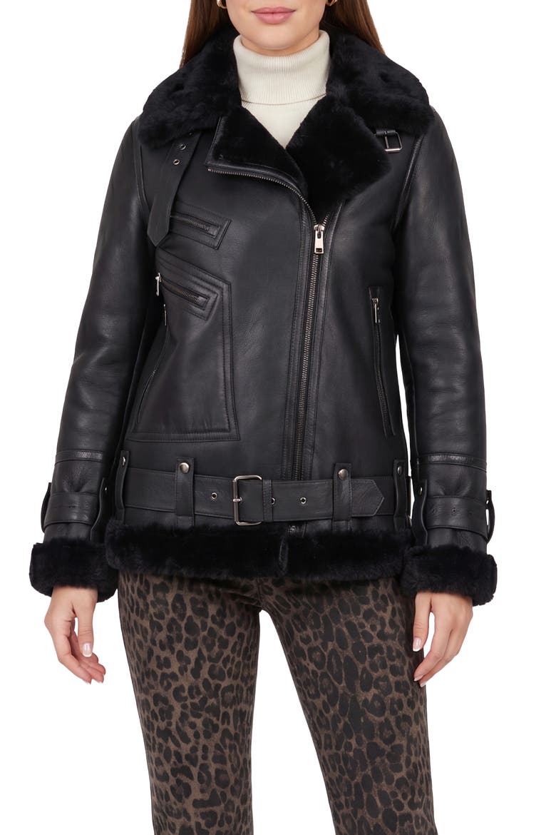 Genuine Shearling  Moto Zip Jacket, Main, color, BLACK