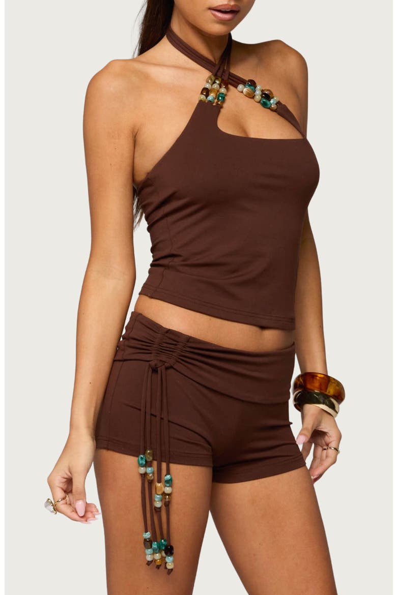 Thia Beaded Halter Top, Alternate, color, DARK-BROWN