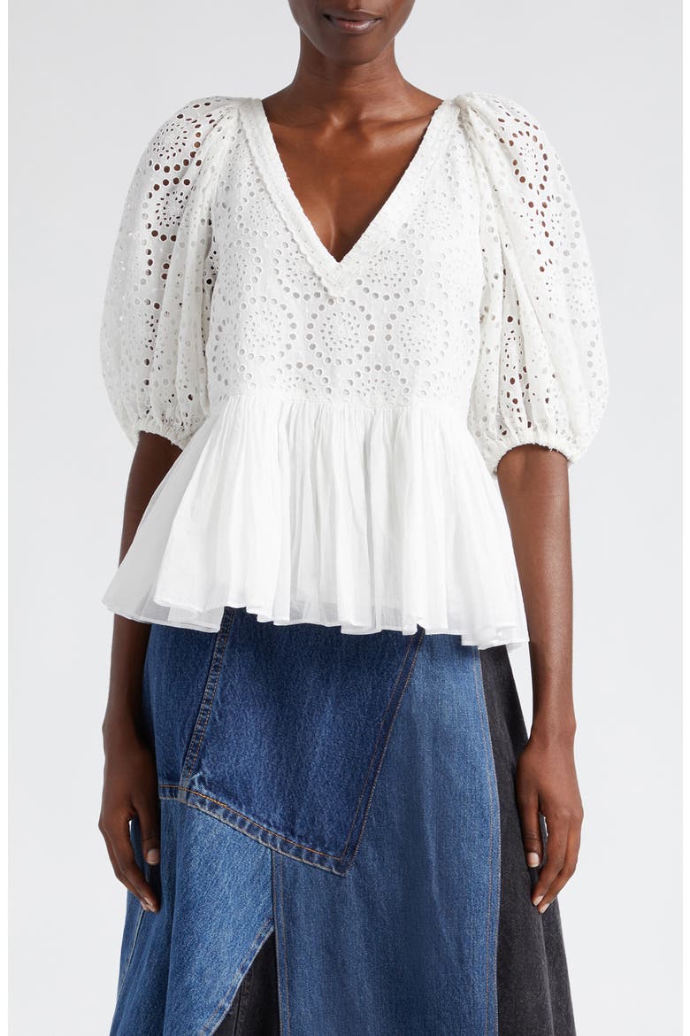 Maeve Eyelet Puff Sleeve Peplum Top, Main, color, WHITE