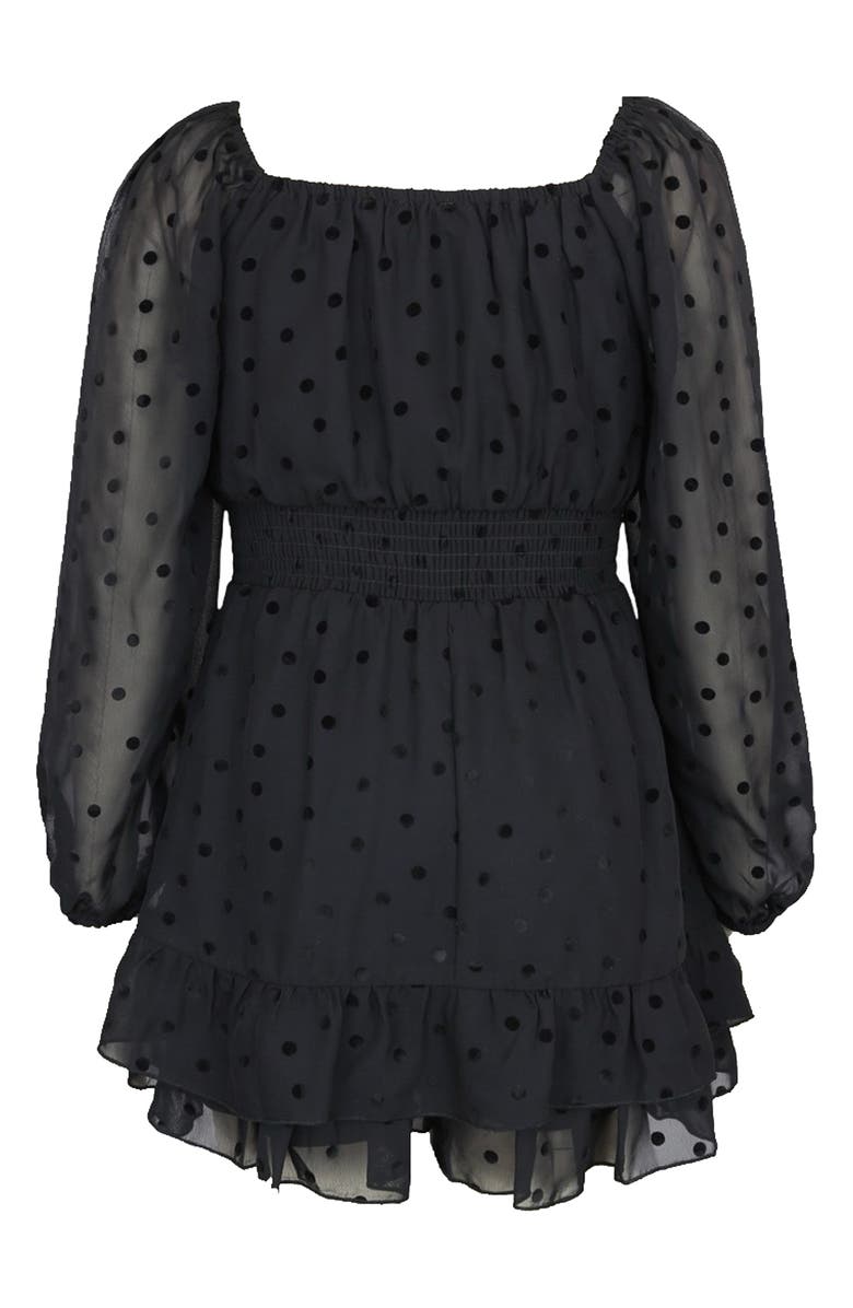 Zunie Kids' Flocked Dot Chiffon Skirted Party Romper, Alternate, color, Black