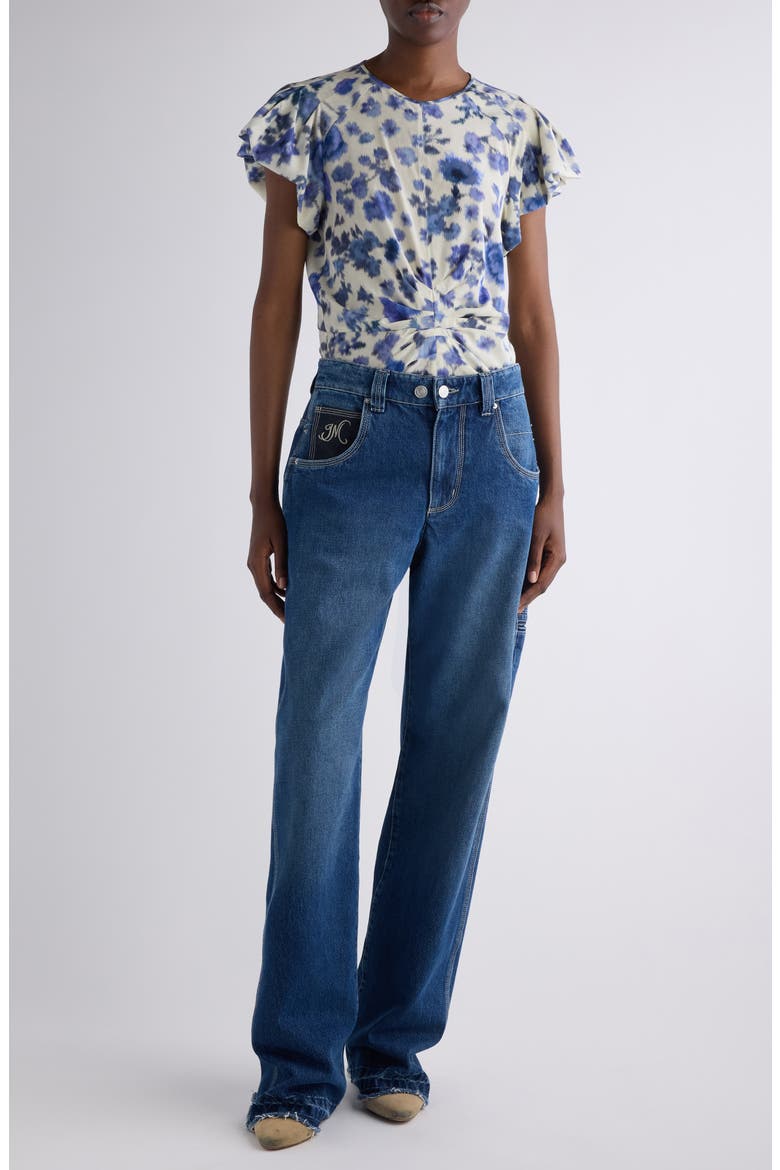 Tullya Ikat Floral Bubble Sleeve Stretch Silk Top, Alternate, color, BLUE