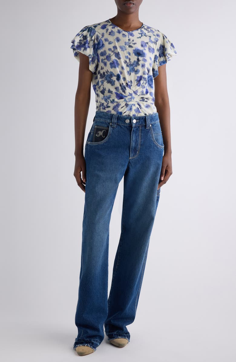 Isabel Marant Tullya Ikat Floral Bubble Sleeve Stretch Silk Top, Alternate, color, Blue